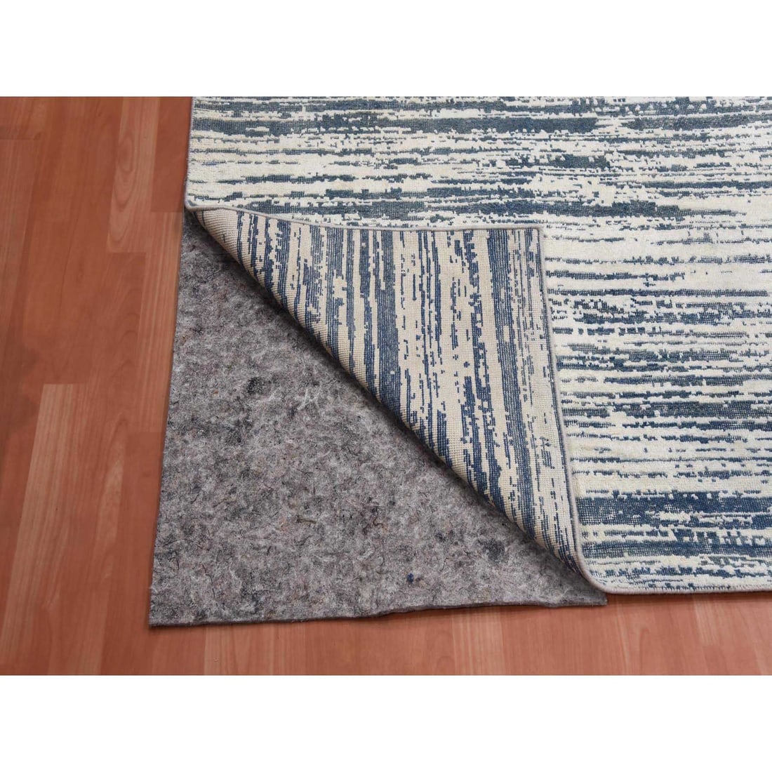 Ivory, Modern Striae Design Silk with Wool Hand Knotted Oversized Rug - 5