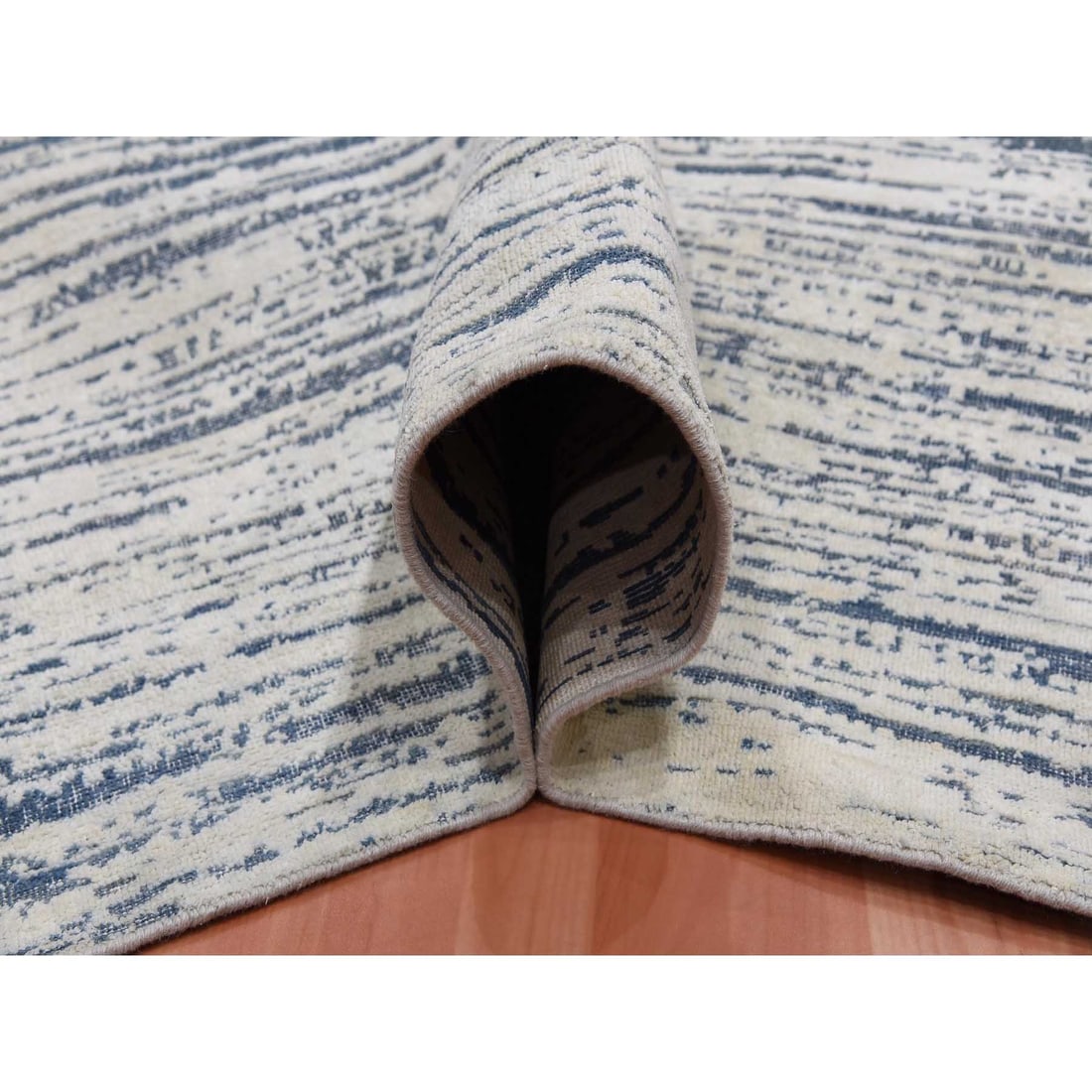 Ivory, Modern Striae Design Silk with Wool Hand Knotted Oversized Rug - 6