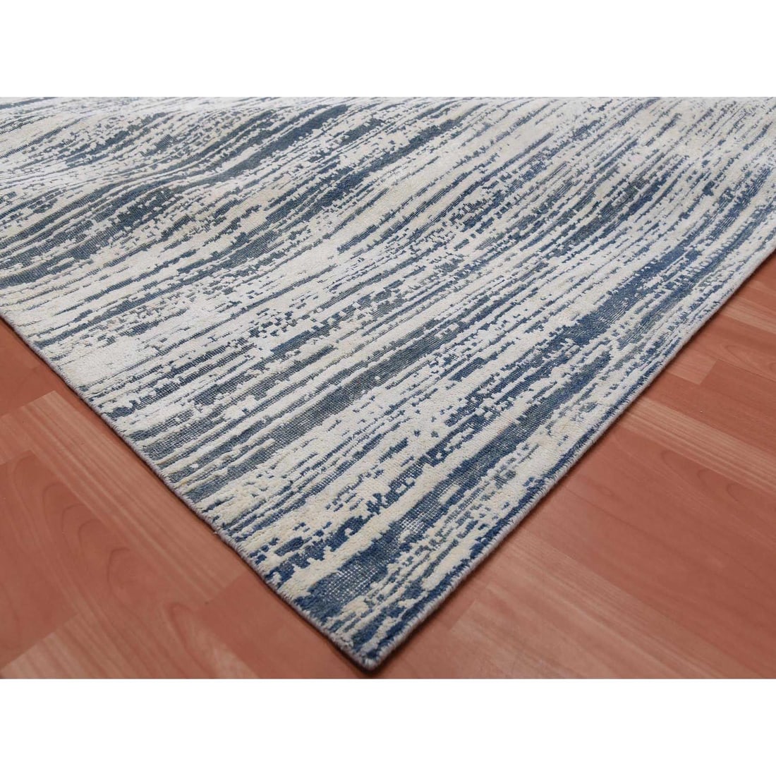 Ivory, Modern Striae Design Silk with Wool Hand Knotted Oversized Rug - 7