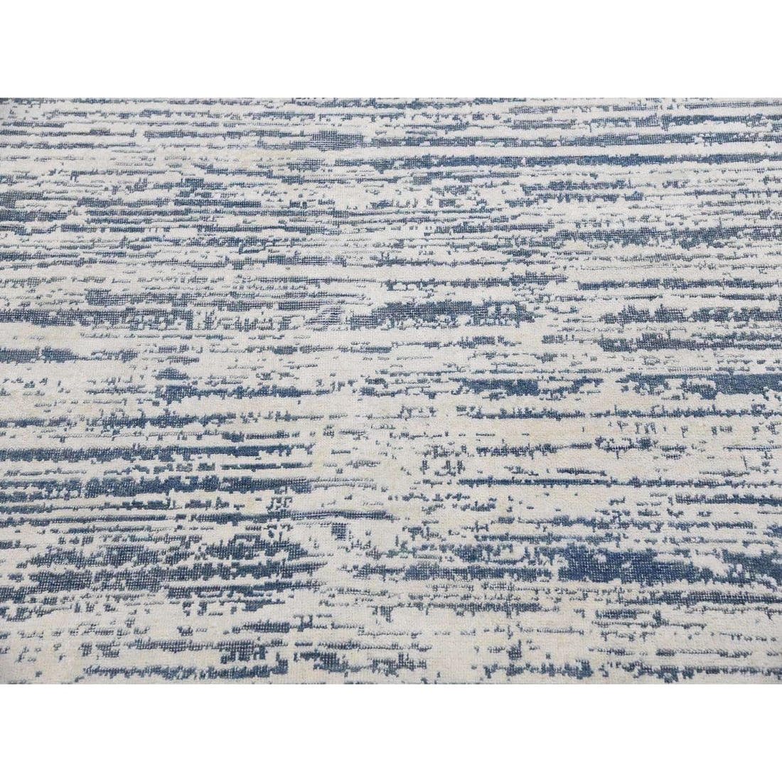 Ivory, Modern Striae Design Silk with Wool Hand Knotted Oversized Rug - 9