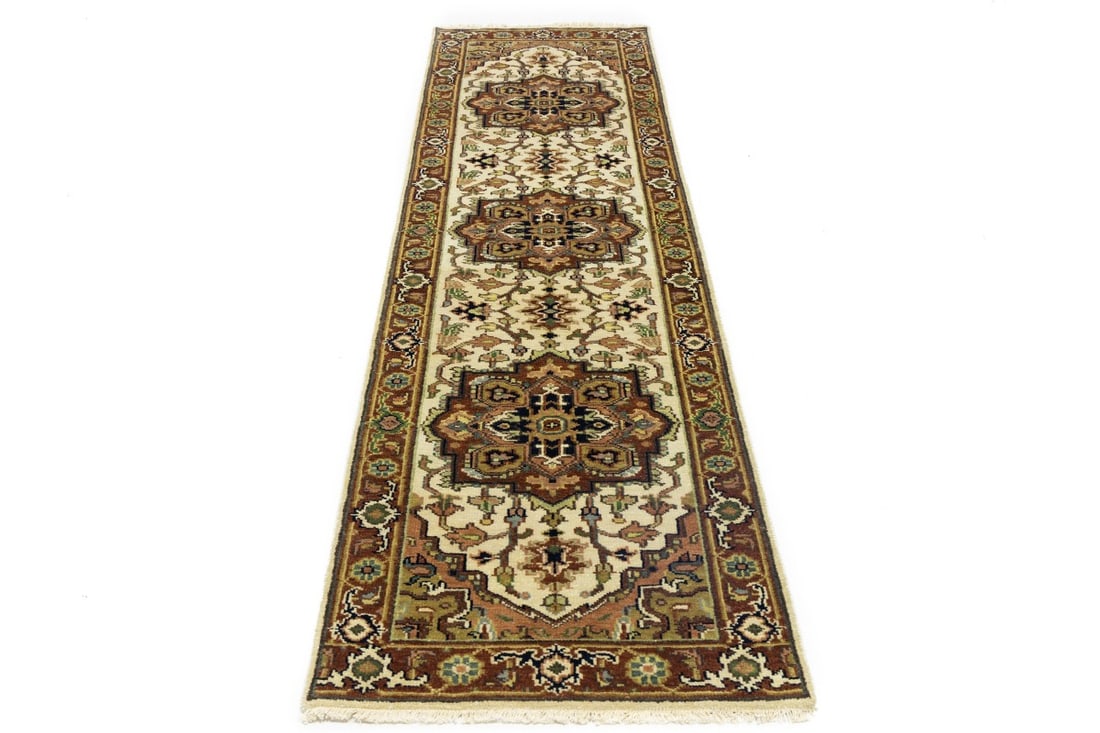 Cream Geometric 3X10 Heriz Serapi Oriental Runner Rug - 3