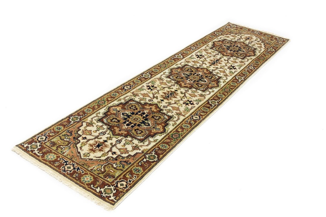 Cream Geometric 3X10 Heriz Serapi Oriental Runner Rug - 4