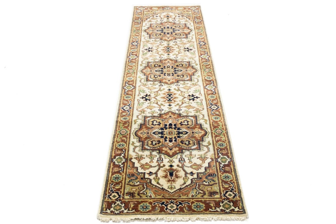 Cream Geometric 3X10 Heriz Serapi Oriental Runner Rug - 5