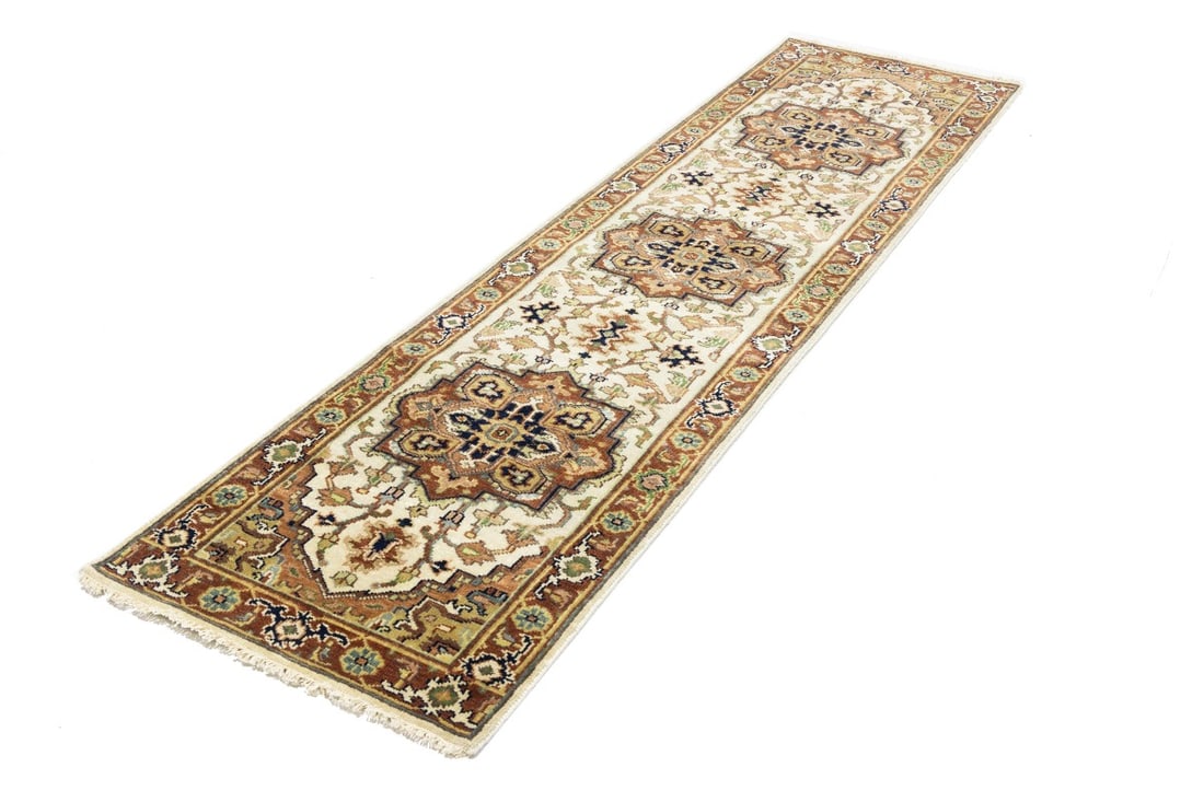 Cream Geometric 3X10 Heriz Serapi Oriental Runner Rug - 6