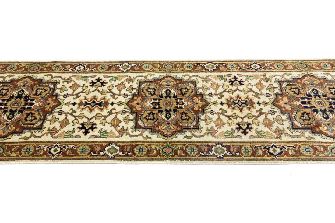 Cream Geometric 3X10 Heriz Serapi Oriental Runner Rug - 8