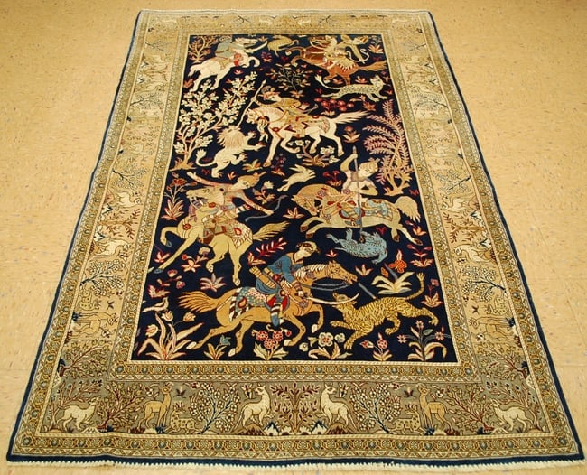 Persian QOME RUG 4.8x7.7: Title: Persian QOME RUG 4.8x7.7 Description:OLD,HIGHLY DETAILED FINE KURK WOOL_LOTS OF NATURAL SILK HUNTING GROUND SCENE PRE-REVOLUTION WOVEN P-QOME,GHOM,GOM,QUM ORIENTAL RUG .....with exact size of