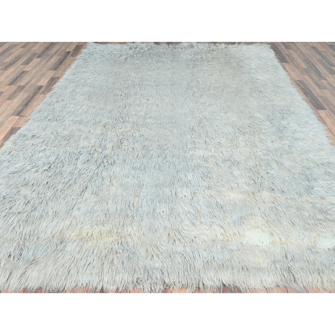 Blueish Gray, Shag Flokati Greek Style, Natural Wool Hand Knotted Rug - 3