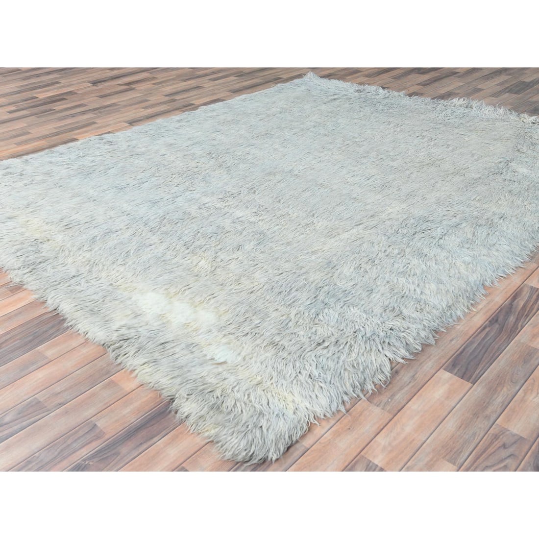 Blueish Gray, Shag Flokati Greek Style, Natural Wool Hand Knotted Rug - 4