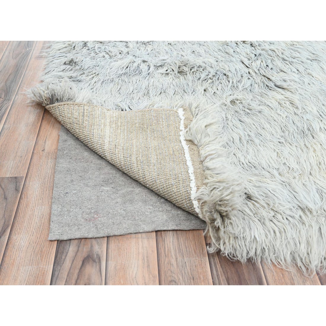 Blueish Gray, Shag Flokati Greek Style, Natural Wool Hand Knotted Rug - 5