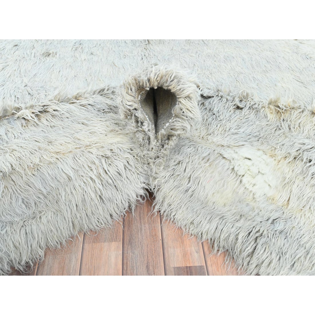 Blueish Gray, Shag Flokati Greek Style, Natural Wool Hand Knotted Rug - 6