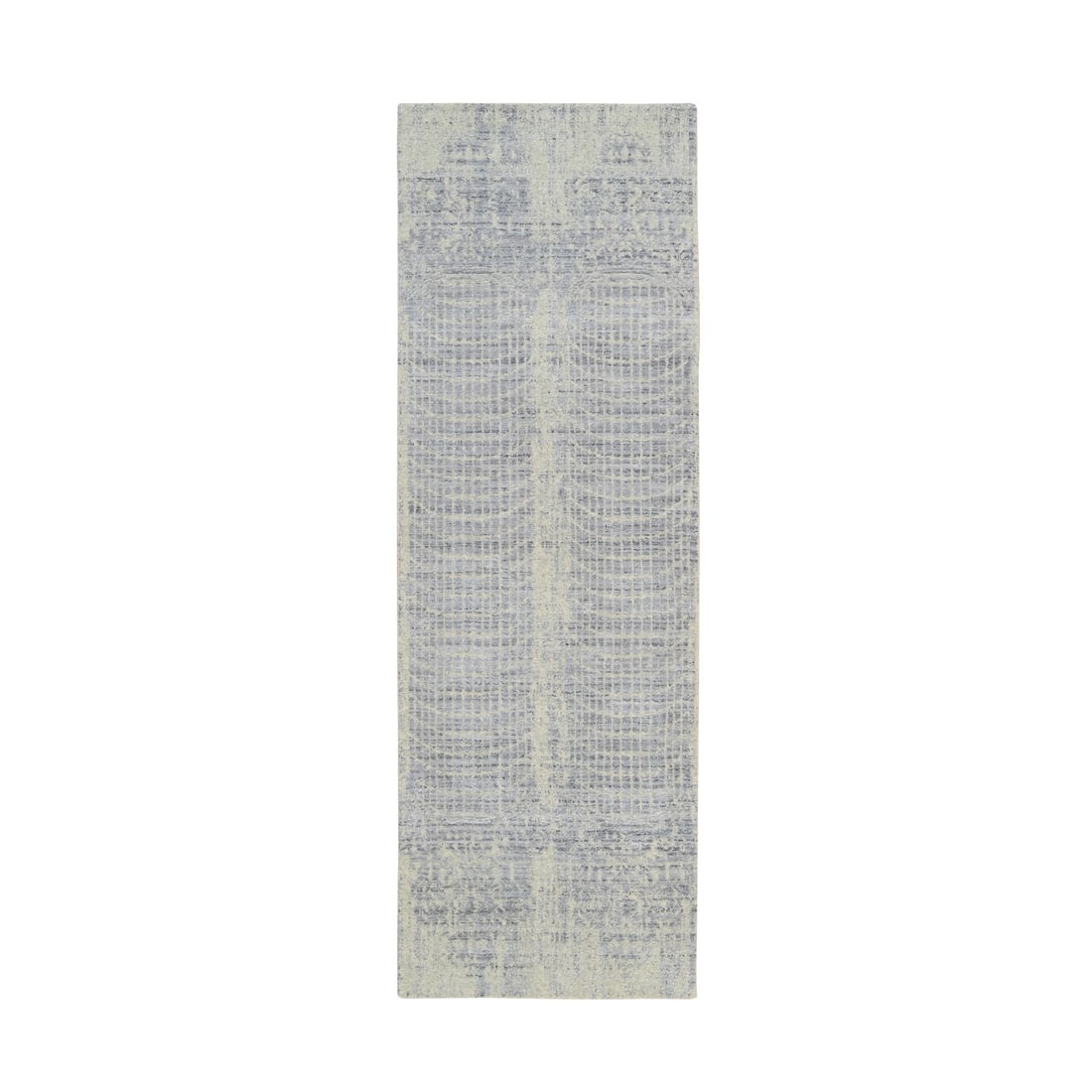 Gray, Jacquard Hand Loomed, Wool and Plant Based Silk, Runner Rug: Title: Gray, Jacquard Hand Loomed, Wool and Plant Based Silk, Runner Rug Description:This is a truly genuine one-of-a-kind. It has been Knotted for months and months in the centuries-old weaving craft