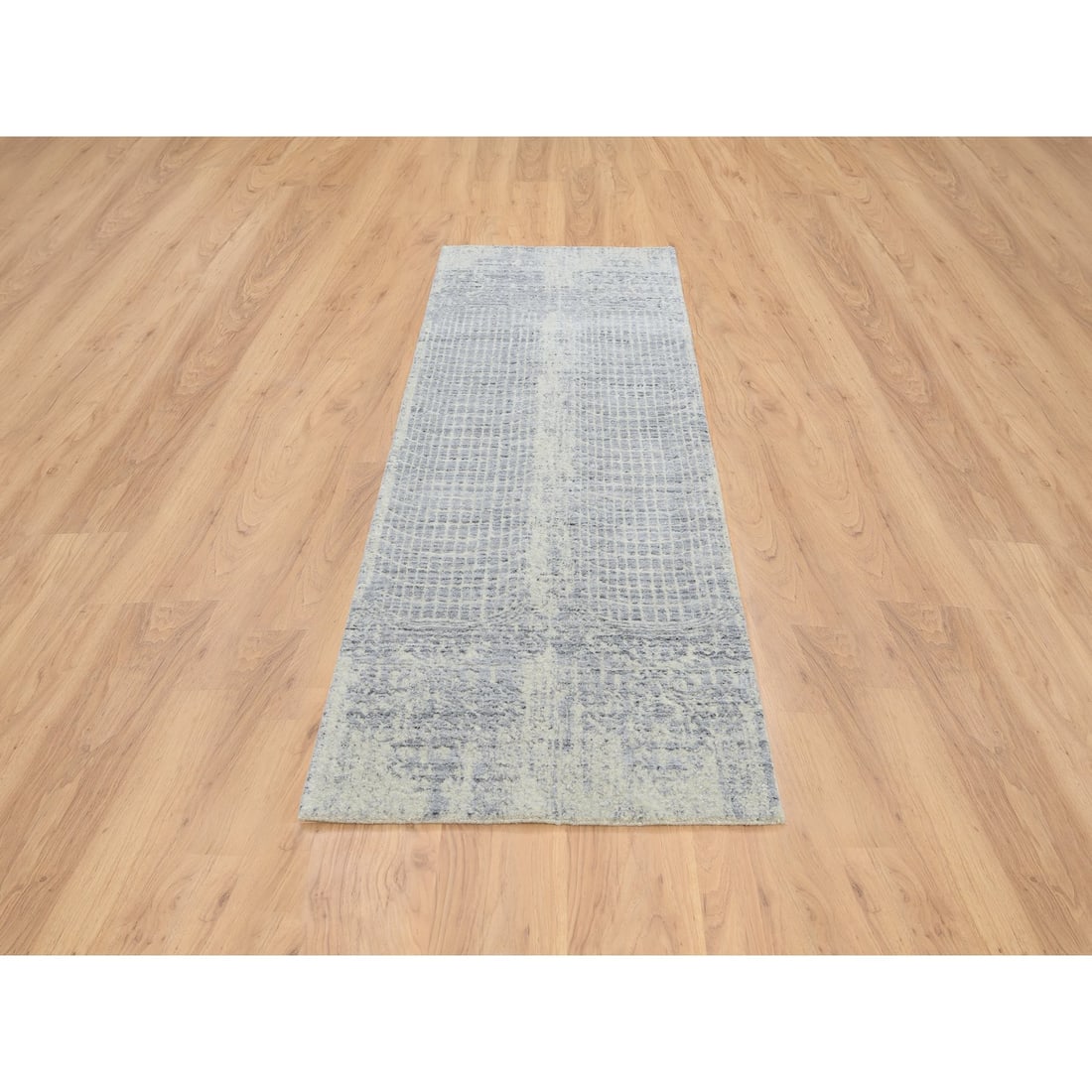 Gray, Jacquard Hand Loomed, Wool and Plant Based Silk, Runner Rug - 2