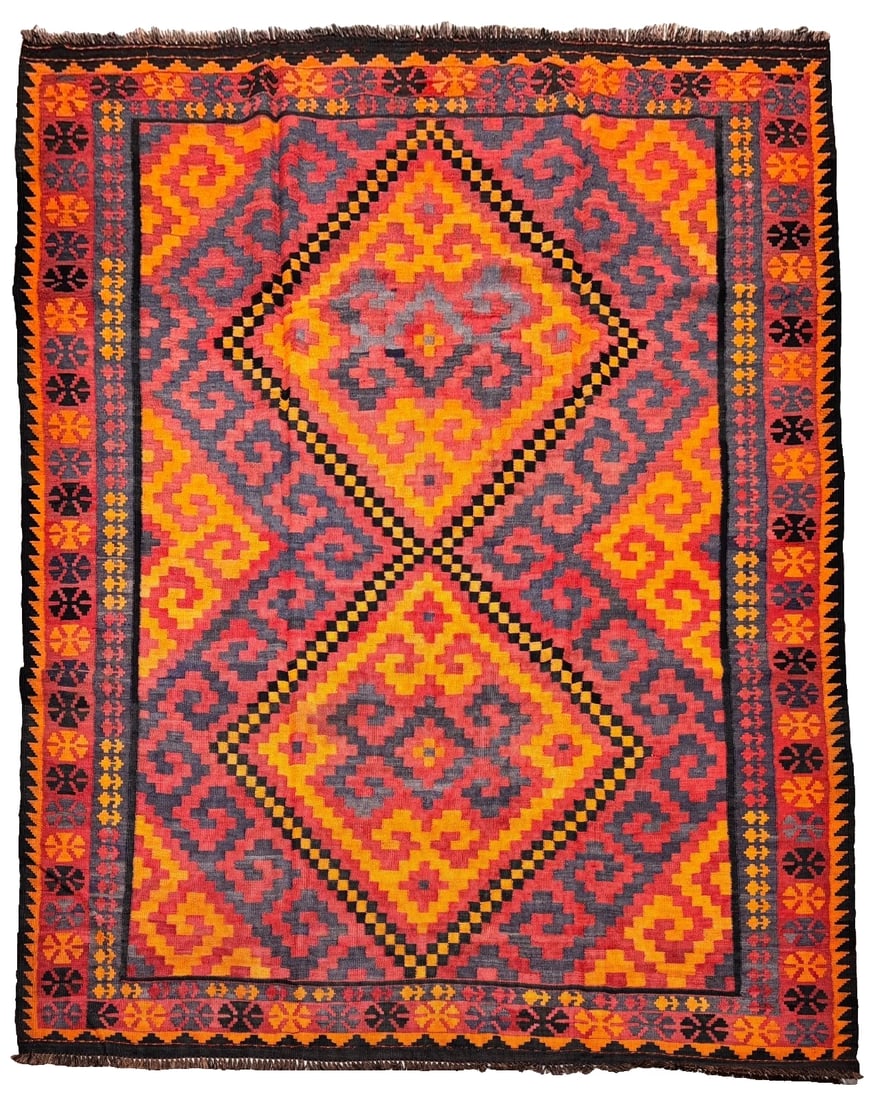 Hand-Knotted Maymana Kilim Tribal Flatweave Wool Oriental Rug 6'8" x 10'1": Title:Hand-Knotted Maymana Kilim Tribal Flatweave Wool Oriental Rug 6'8" x 10'1" Description:* Rug Number: 687 * Country of Origin: Afghanistan * Style, Design: Afghan Maymana, Kilim, Flatweave,
