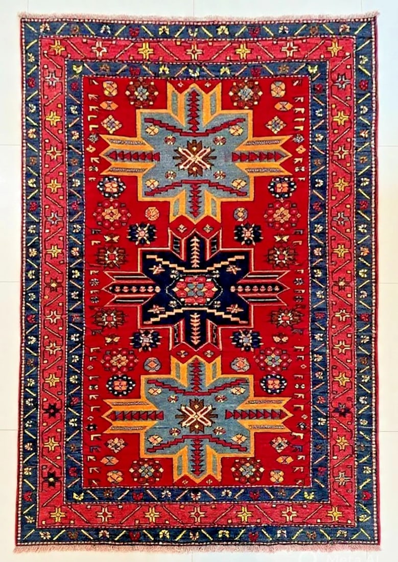 Hand Knotted Karabagh Tribal Wool Red Caucasian Oriental Rug 4'4" x 7" - 3