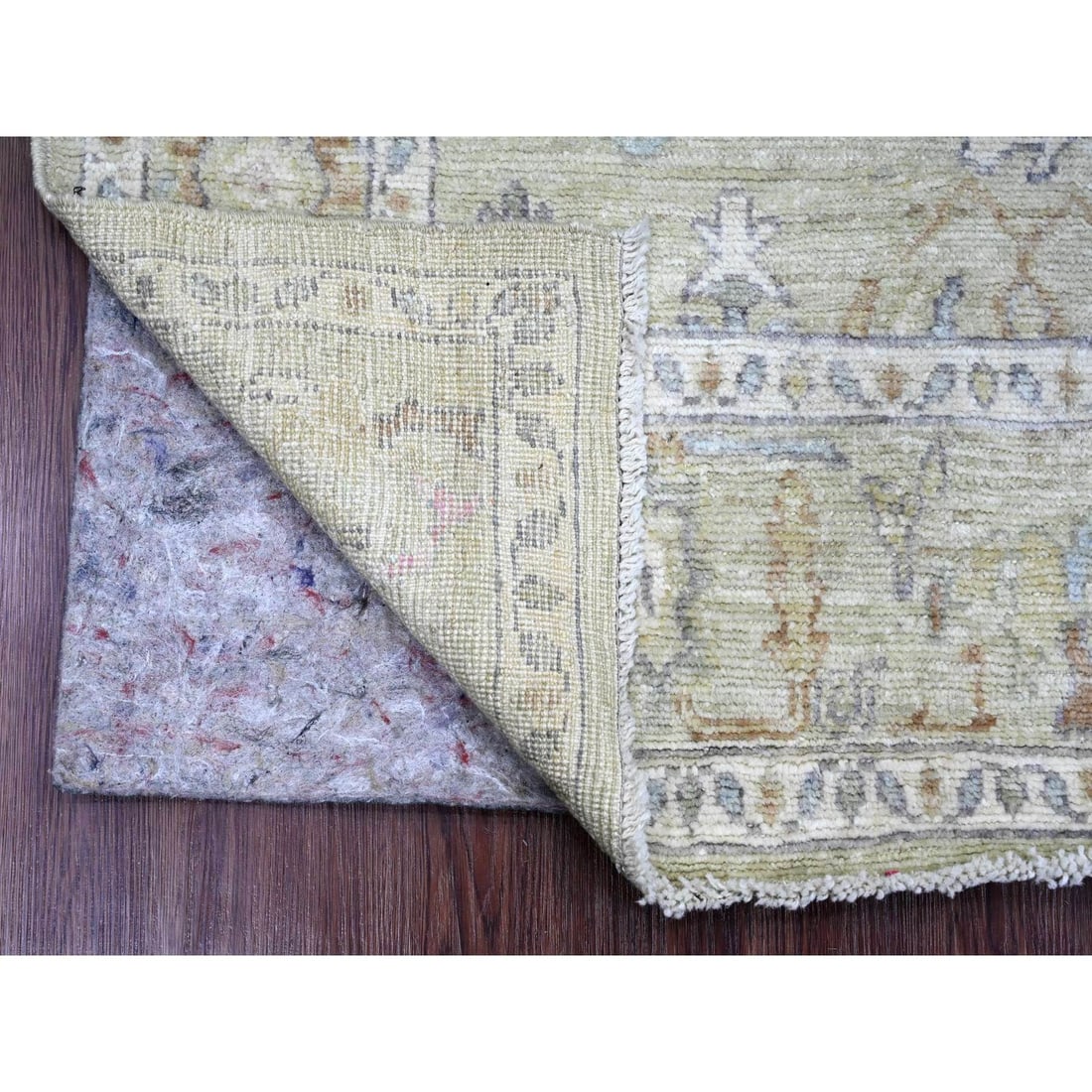 Green Hand Knotted Afghan Angora Oushak Leaf Design Wool Square Rug - 2