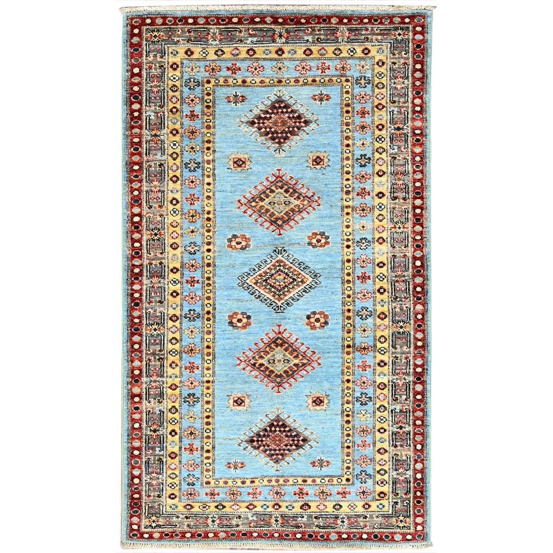 Afton Blue, Hand Knotted, Super Kazak All Over Design, Natural Dyes: Title: Afton Blue, Hand Knotted, Super Kazak All Over Design, Natural Dyes Description:This is a truly genuine one-of-a-kind. It has been Knotted for months and months in the centuries-old weaving