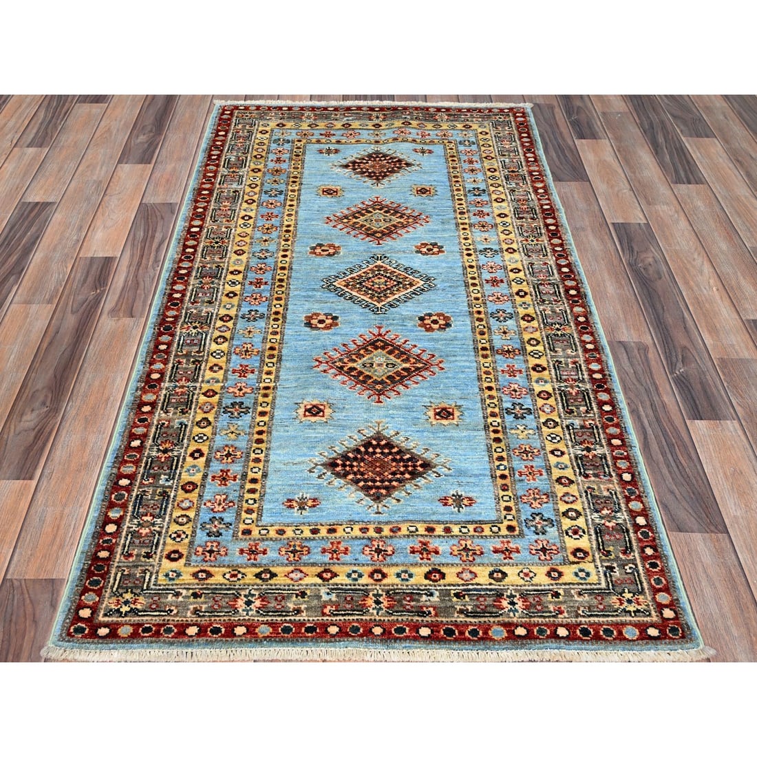 Afton Blue, Hand Knotted, Super Kazak All Over Design, Natural Dyes - 2