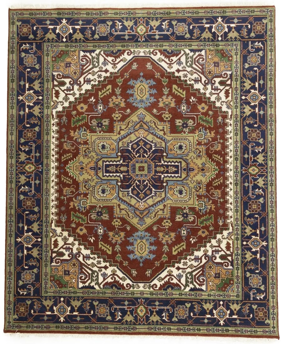 Rusty Red Geometric 8X10 Heriz Serapi Oriental Rug: Title: Rusty Red Geometric 8X10 Heriz Serapi Oriental Rug Description:Handmade 8X10 red Oriental rug made with vegetable dyes (fine wool pile and cotton foundation), superior knot count, and appealing