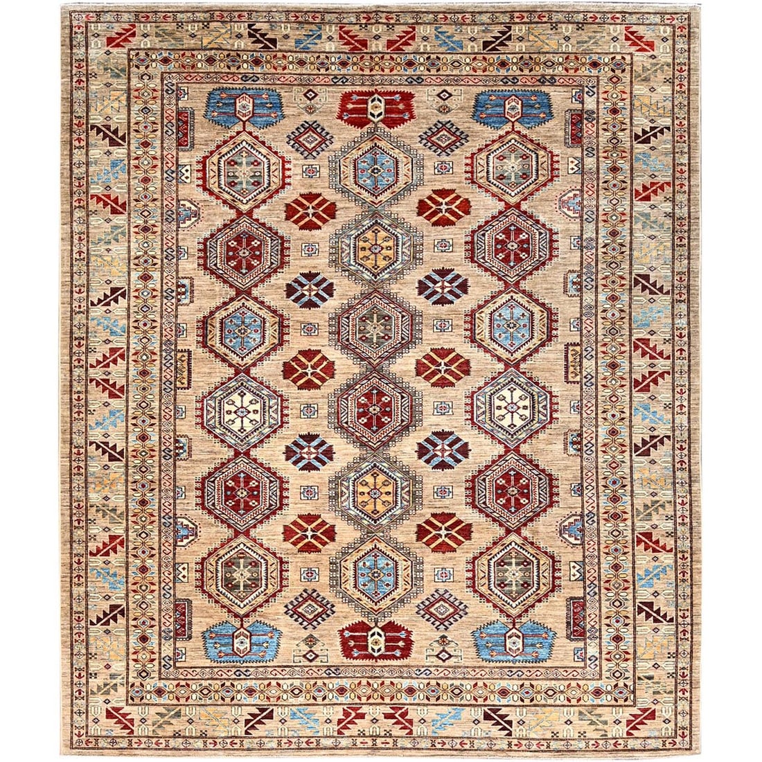 Irish Cream Brown Afghan Super Kazak Wool Hand Knotted Oriental Rug: Title: Irish Cream Brown Afghan Super Kazak Wool Hand Knotted Oriental Rug Description:This is a truly genuine one-of-a-kind. It has been Knotted for months and months in the centuries-old weaving cra