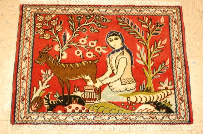 Persian MALAYEER RUG 1'9"x2'5": Title: Persian MALAYEER RUG 1'9"x2'5" Description:OLD,Antique highly detailed VILLAGE WOMEN MILKING GOAT DESIGN Persian Malayer ORIENTAL rug with exact size of 1'9" x 2'5" ..Kork wool_high