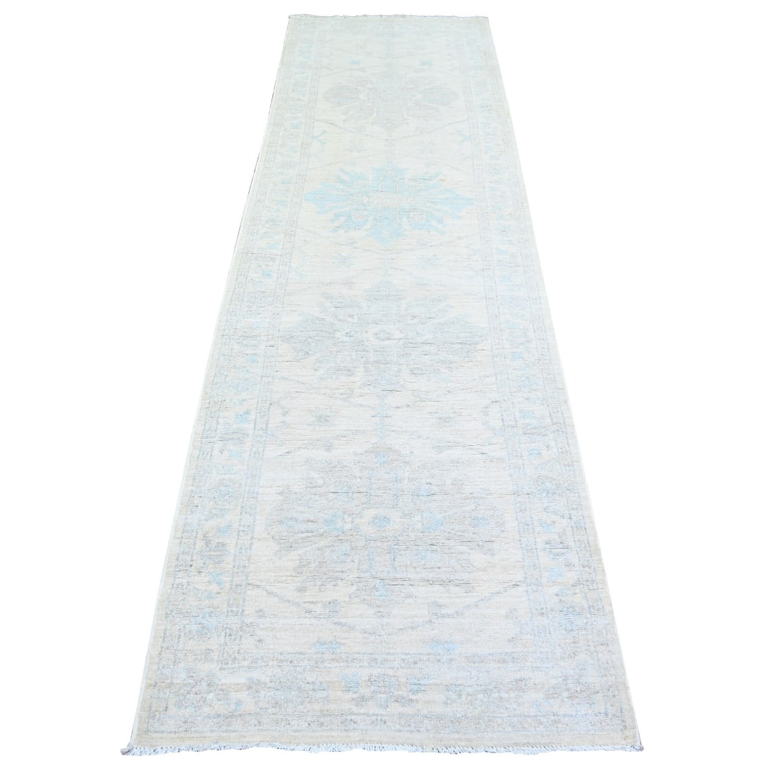 Stone White Wool White Wash Peshawar Hand Knotted Runner Rug: Title: Stone White Wool White Wash Peshawar Hand Knotted Runner Rug Description:This is a truly genuine one-of-a-kind. It has been Knotted for months and months in the centuries-old weaving craftsmans