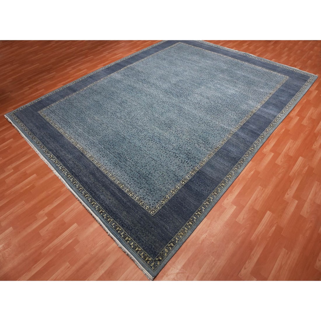 Blue, Hand Knotted Modern Design, Pure Wool Oversized Oriental Rug - 4