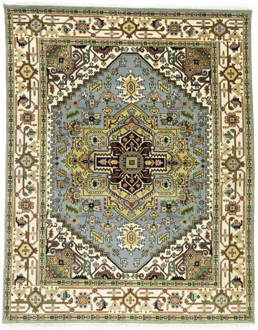 Light Gray Geometric 8X10 Heriz Serapi Oriental Rug: Title: Light Gray Geometric 8X10 Heriz Serapi Oriental Rug Description:Handmade 8X10 gray Oriental rug made with vegetable dyes (fine wool pile and cotton foundation), superior knot count, and appeali