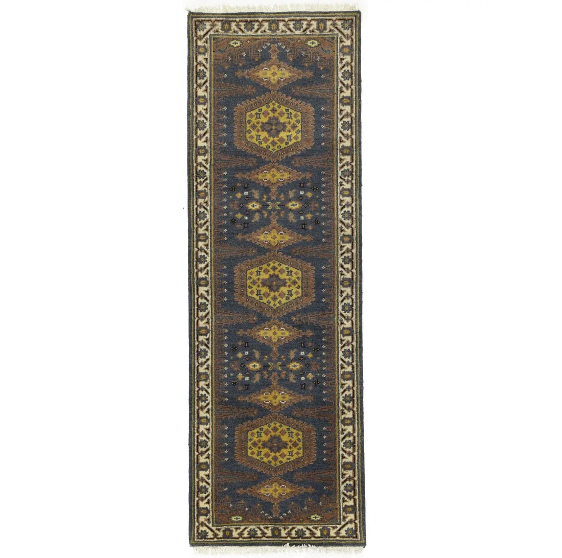 Gray Tribal 3X9 Indo-Viss Oriental Runner Rug: Title: Gray Tribal 3X9 Indo-Viss Oriental Runner Rug Description:Handmade 3X9 gray Oriental runner made with vegetable dyes (fine wool pile and cotton foundation), superior knot count, and appealing