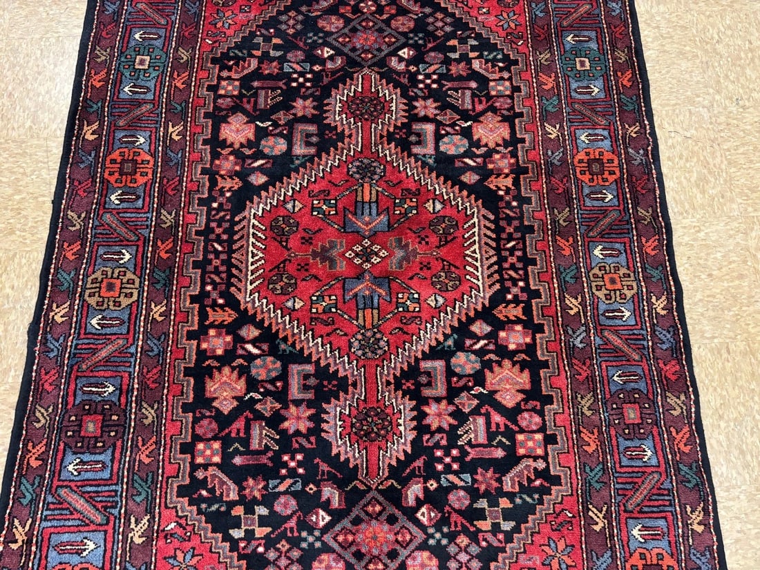 Hand Knotted Wool Persian Zanjan Tribal Oriental Rug 4'11" x 8'8" Navy Red - 3