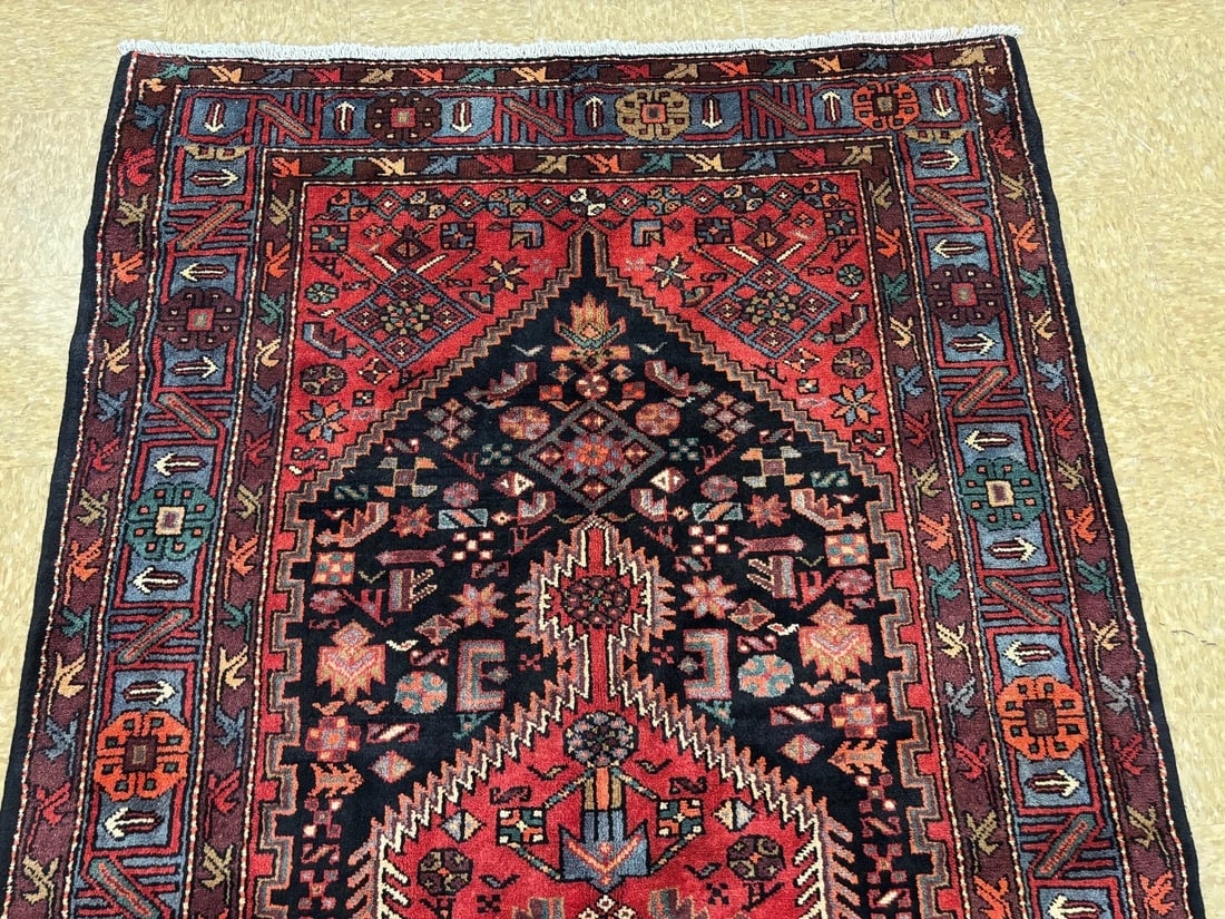 Hand Knotted Wool Persian Zanjan Tribal Oriental Rug 4'11" x 8'8" Navy Red - 4