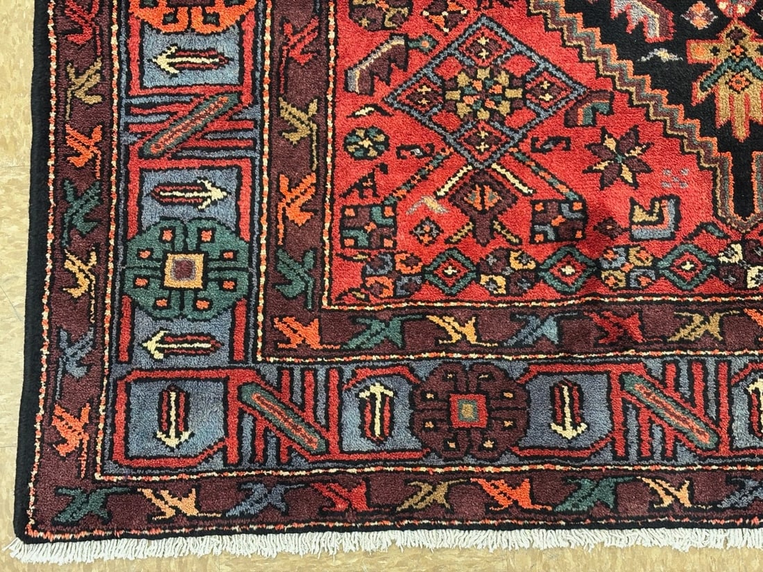 Hand Knotted Wool Persian Zanjan Tribal Oriental Rug 4'11" x 8'8" Navy Red - 6