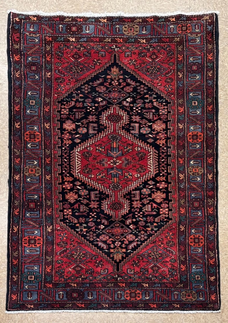 Hand Knotted Wool Persian Zanjan Tribal Oriental Rug 4'11" x 8'8" Navy Red - 9