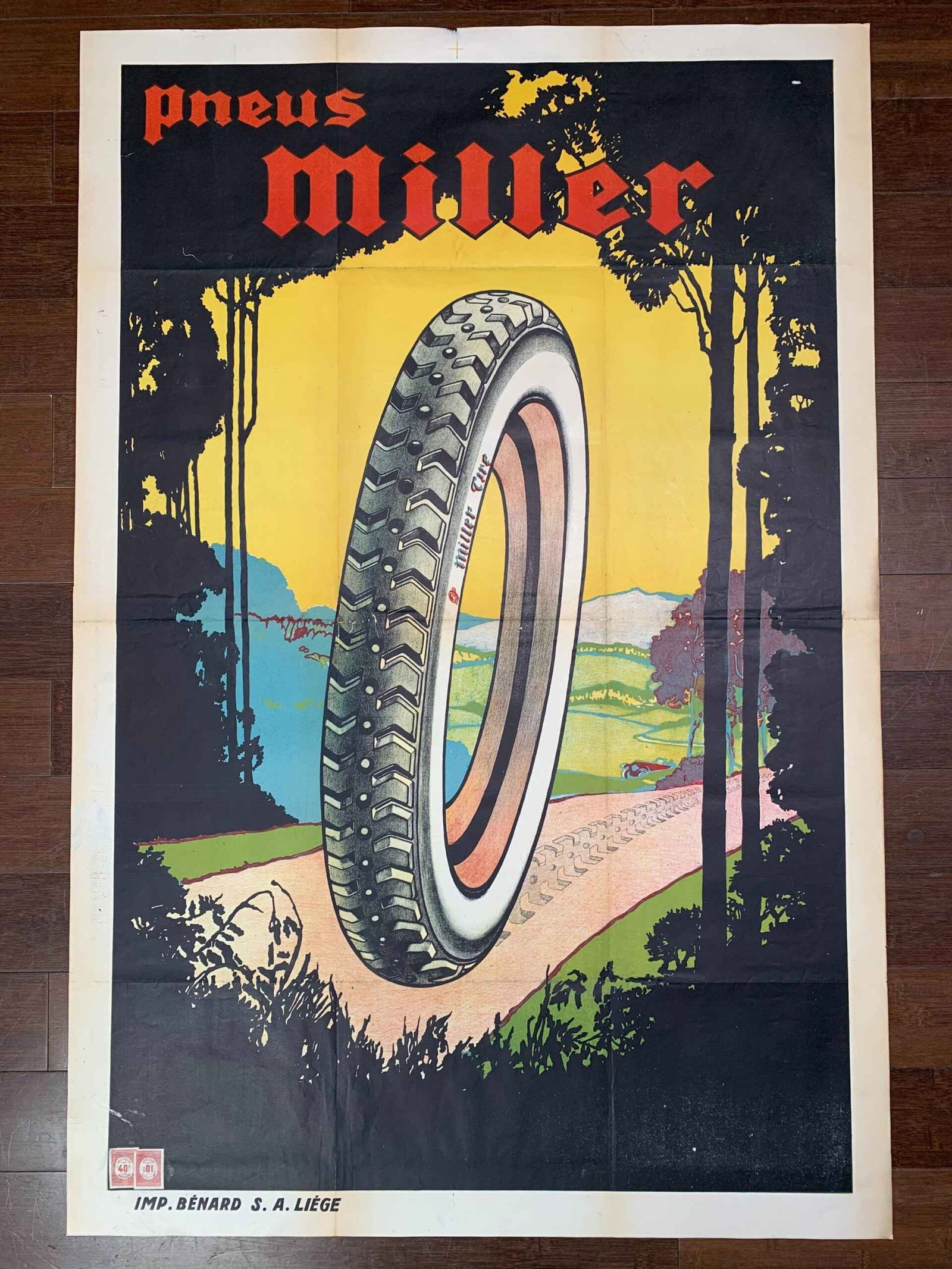 Pneus Miller Tire - Art by Georges Hamel (1948) 31.5" x 47.25" Belgian Advertising Poster: Title: Pneus Miller Tire - Art by Georges Hamel (1948) 31.5" x 47.25" Belgian Advertising Poster Description: Pneus Miller Tire - Art by Georges Hamel (1948) 31.5" x 47.25" Belgian Advertising Poster\
