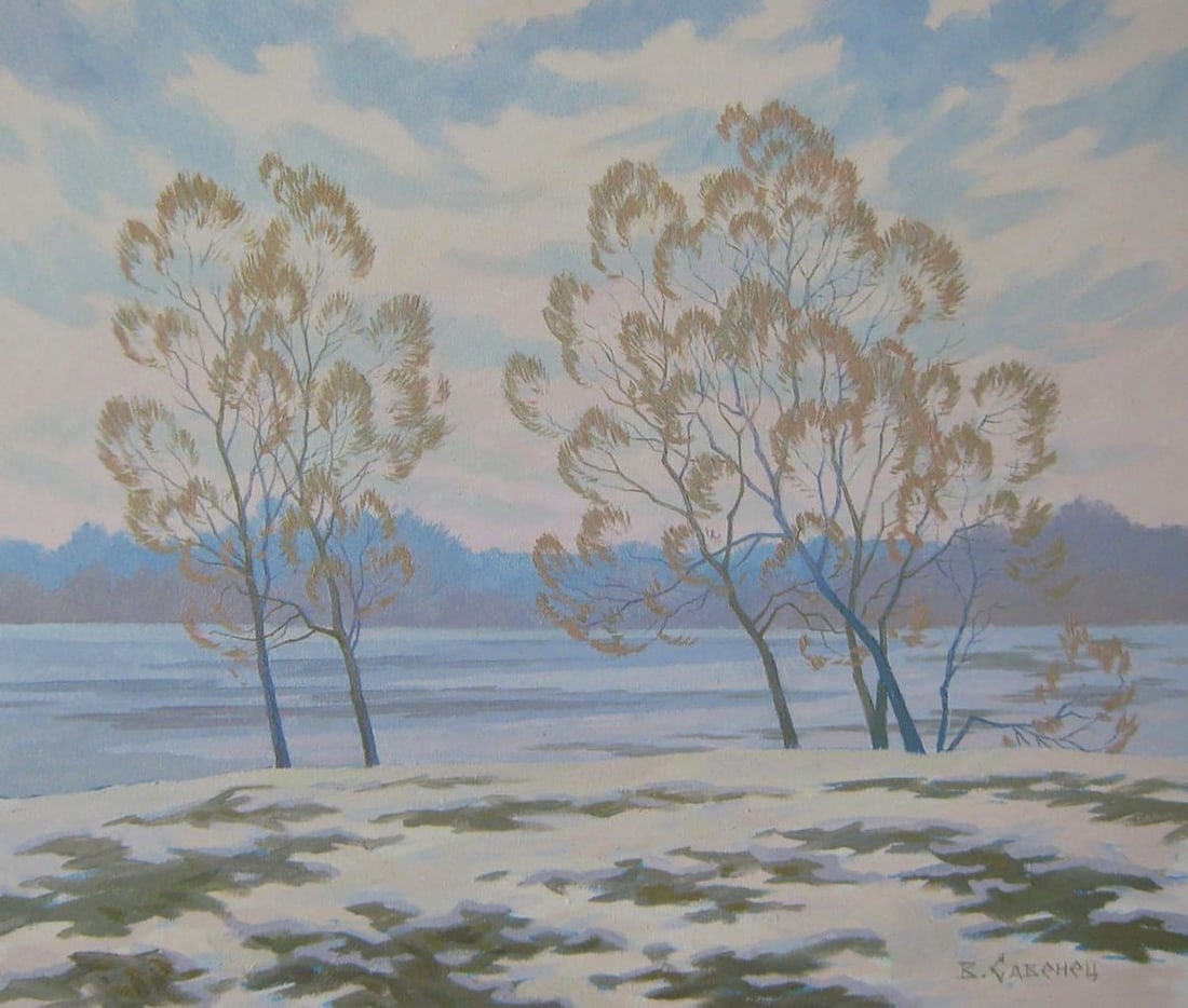 Oil painting The March snow hasn't gone yet Valery Savenets: Title: Oil painting The March snow hasn't gone yet Valery Savenets Description: NoSav 353*** ABOUT THIS PAINTING **** TITLE: "The March snow hasn't gone yet"* ARTISTS: Valery Savenets* SIZE: 38x45 cm/