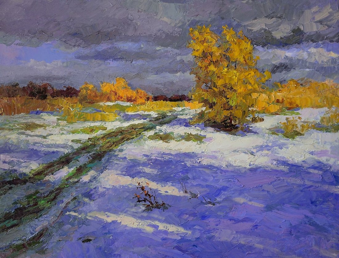 Oil painting Unexpected snow Boris Serdyuk: Title: Oil painting Unexpected snow Boris Serdyuk Description: NoSERB 1187The oil painting on Canvas titled "Unexpected Snow" captures a fleeting yet powerful transition between seasons, where the vib