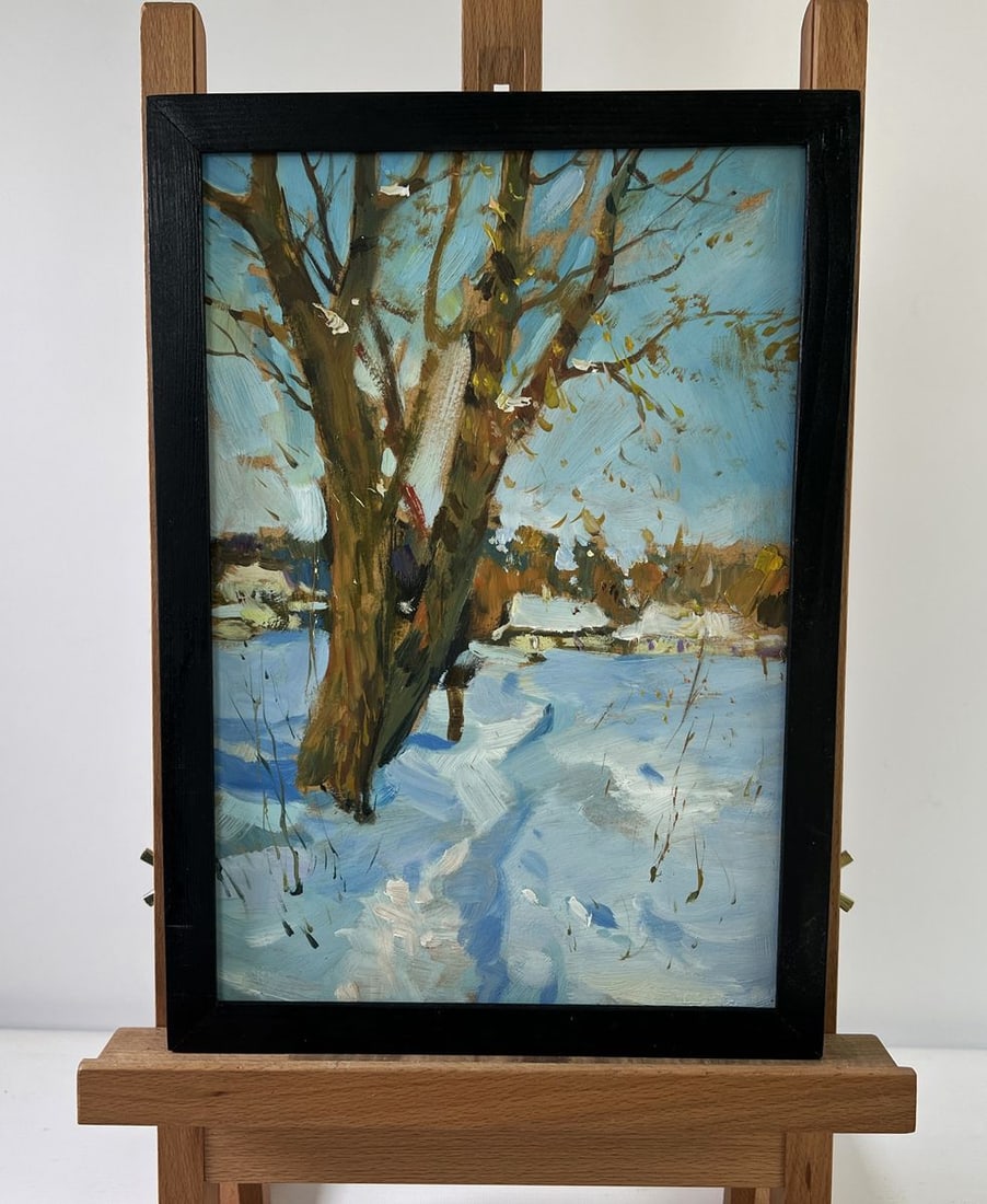 Oil painting Winter path to the village Yuriy Suprunchuk: Title: Oil painting Winter path to the village Yuriy Suprunchuk Description: NoAAA4955The oil painting on Cardboard titled "Winter path to the village" captures the serene essence of a snow-covered ru