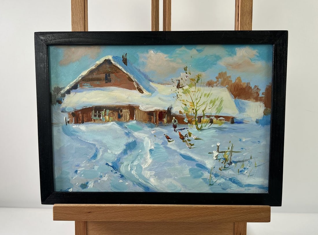 Oil painting Winter comfort Yuriy Suprunchuk: Title: Oil painting Winter comfort Yuriy Suprunchuk Description: NoAAA4962The oil painting on Cardboard titled "Winter comfort" evokes a heartwarming scene of rural tranquility, wrapped in the soft em