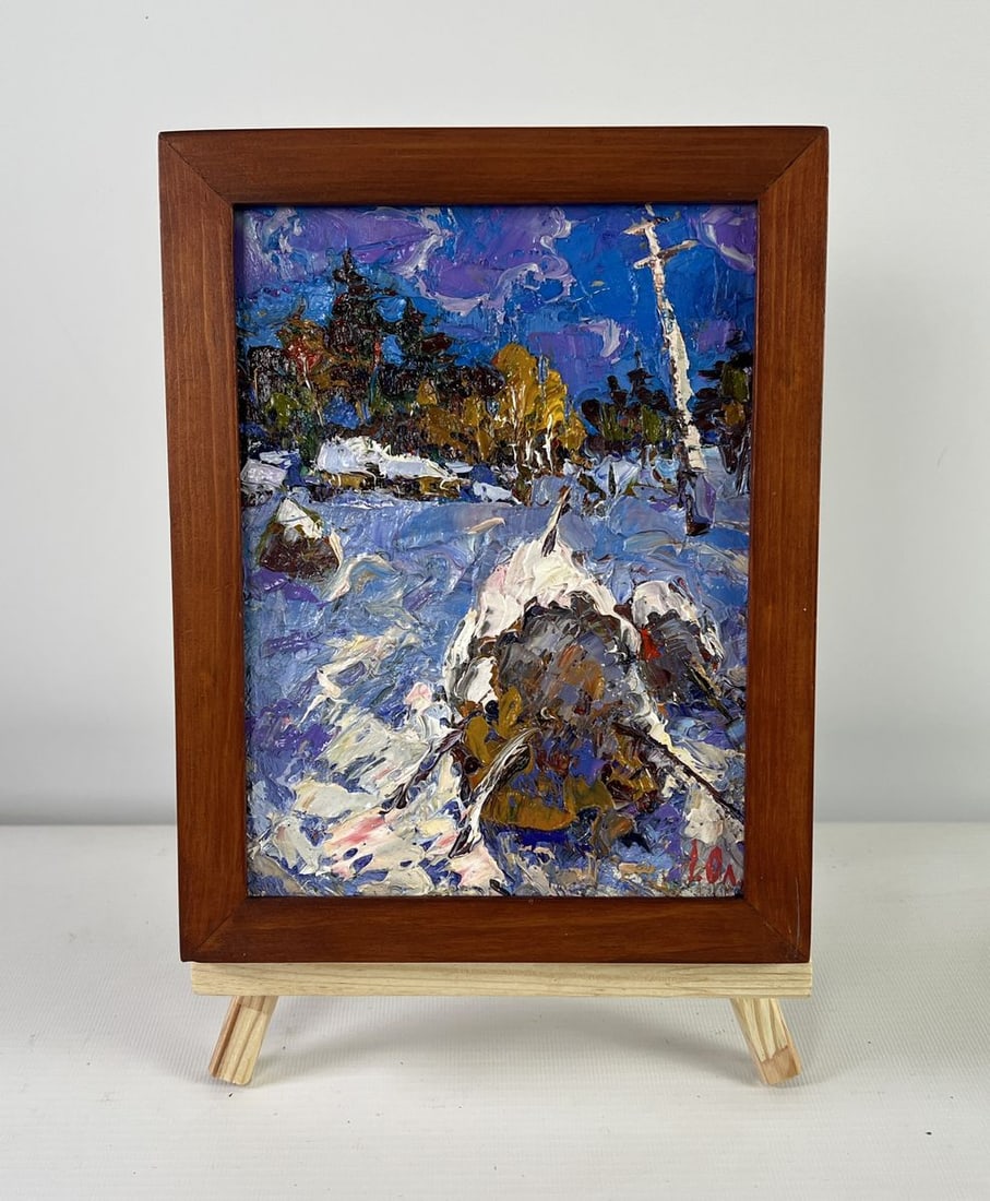 Oil painting Snow enveloping the forest Alex Kalenyuk: Title: Oil painting Snow enveloping the forest Alex Kalenyuk Description: NoAAA5141The oil painting on Cardboard titled "Snow Enveloping the Forest" captures a striking transition between the known wa