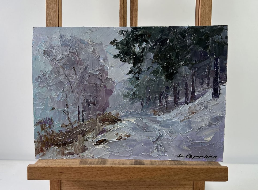 Oil painting Without a trace Boris Serdyuk: Title: Oil painting Without a trace Boris Serdyuk Description: NoAAA5318The oil painting on Cardboard titled "Without a Trace" evokes the haunting stillness of a winter forest, where snow has settled 