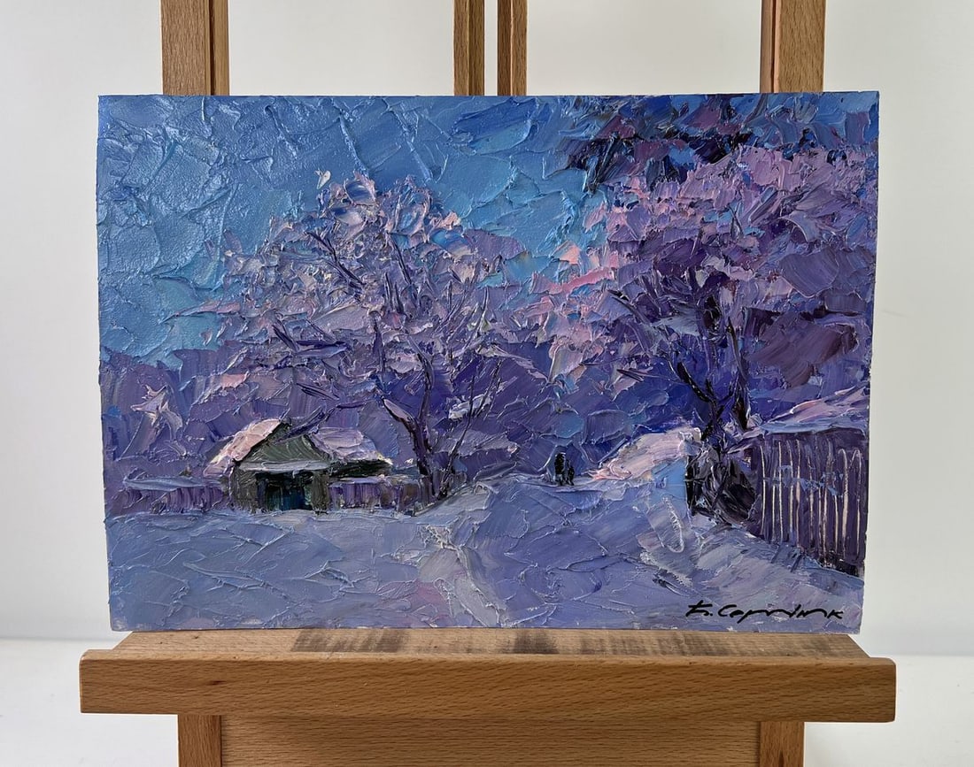 Oil painting Dear wintertime Boris Serdyuk: Title: Oil painting Dear wintertime Boris Serdyuk Description: NoAAA5325The oil painting on Cardboard titled "Dear Wintertime" evokes a tender and nostalgic portrayal of a serene winter day, bathed in