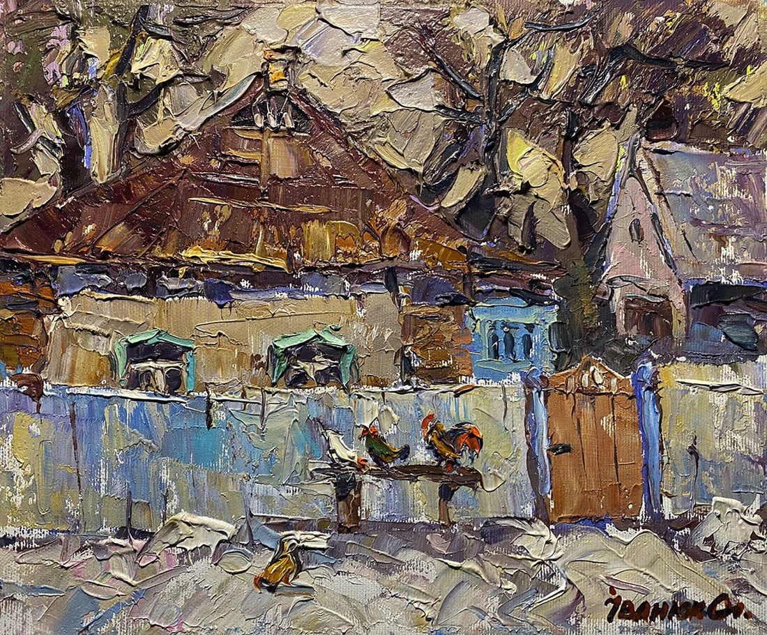 Oil painting In winter near the house Alex Kalenyuk: Title: Oil painting In winter near the house Alex Kalenyuk Description: NoKalen 1490The oil painting on canvas titled "In Winter Near the House" vividly captures a moment of rustic stillness and quiet