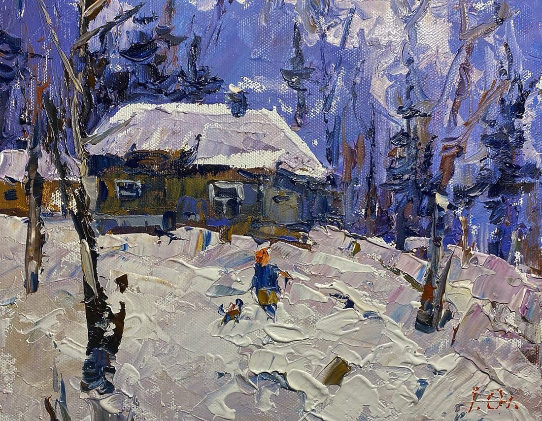 Oil painting After the winter snowstorm Alex Kalenyuk: Title: Oil painting After the winter snowstorm Alex Kalenyuk Description: NoKalen 1496The oil painting on canvas titled "After the Winter Snowstorm" captures a serene and nostalgic rural scene