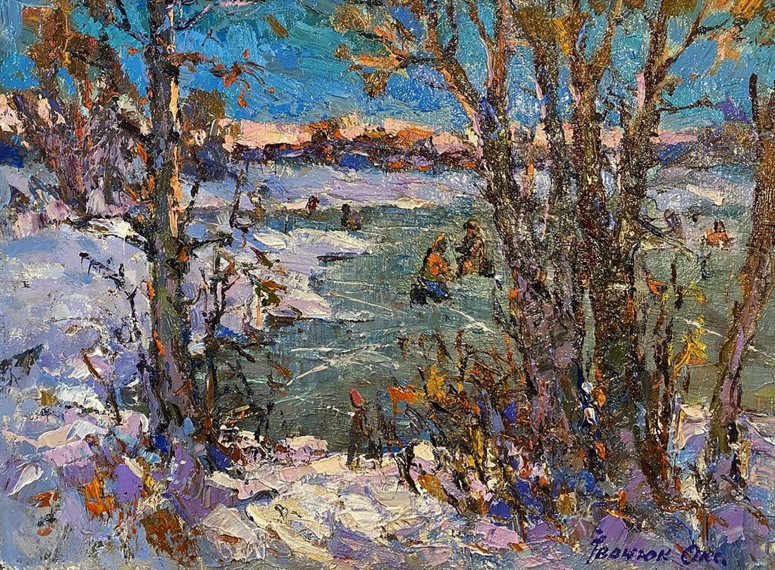 Oil painting First ice on fishing Oksana Kalenyuk: Title: Oil painting First ice on fishing Oksana Kalenyuk Description: NoKalen 1499The oil painting on canvas titled "First Ice on Fishing" captures the quiet thrill of early winter, a moment when the 