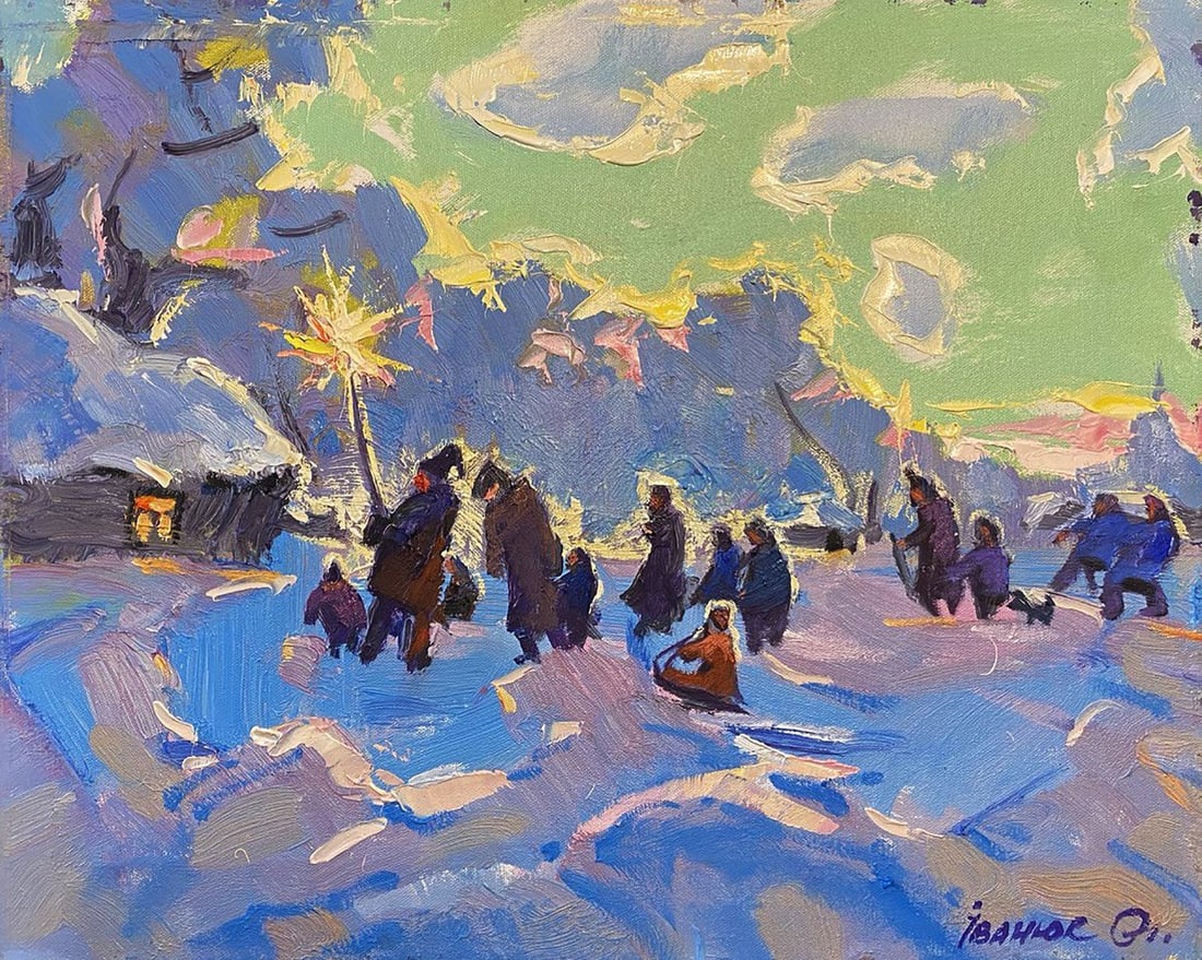 Oil painting Caroling holiday Alex Kalenyuk: Title: Oil painting Caroling holiday Alex Kalenyuk Description: NoKalen 1500The oil painting on canvas titled "Caroling Holiday" captures a vivid and heartwarming scene of winter festivity, where the 