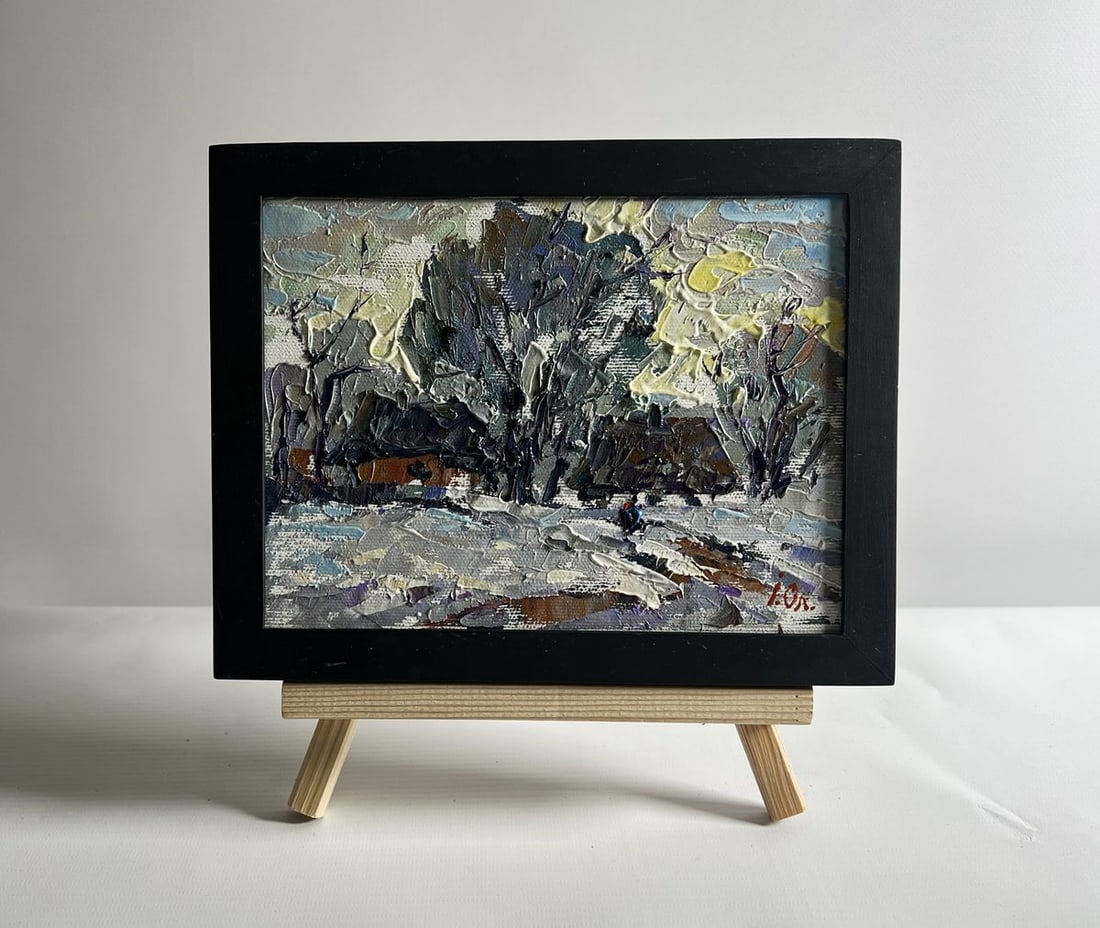 Oil painting Winter morning in the village Alex Kalenyuk: Title: Oil painting Winter morning in the village Alex Kalenyuk Description: NoAAA4126This oil painting canvas, titled "Winter morning in the village", the landscape is enveloped in a soft layer of sn