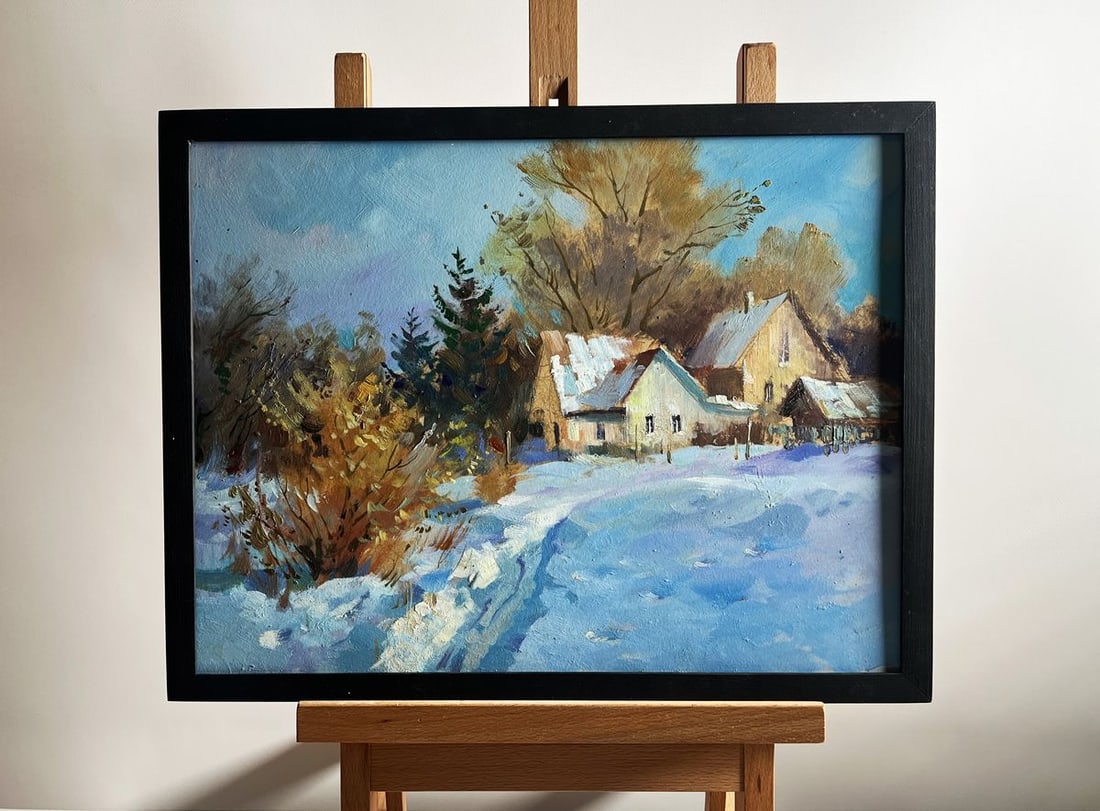 Oil painting Winter snowdrifts near the house Yuriy Suprunchuk: Title: Oil painting Winter snowdrifts near the house Yuriy Suprunchuk Description: NoAAA4203This oil painting titled "Winter snowdrifts near the house" - landscape captures the serene beauty of a coun