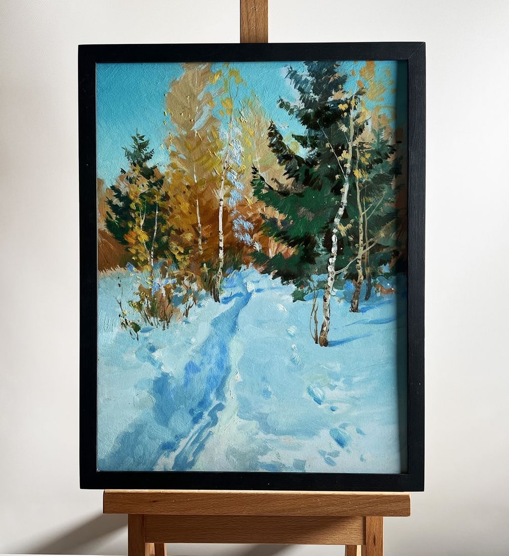 Oil painting Winter path in the forest Yuriy Suprunchuk: Title: Oil painting Winter path in the forest Yuriy Suprunchuk Description: NoAAA4204This oil painting titled "Winter Path in the Forest" depicts a tranquil winter scene, where a narrow, snow-covered 