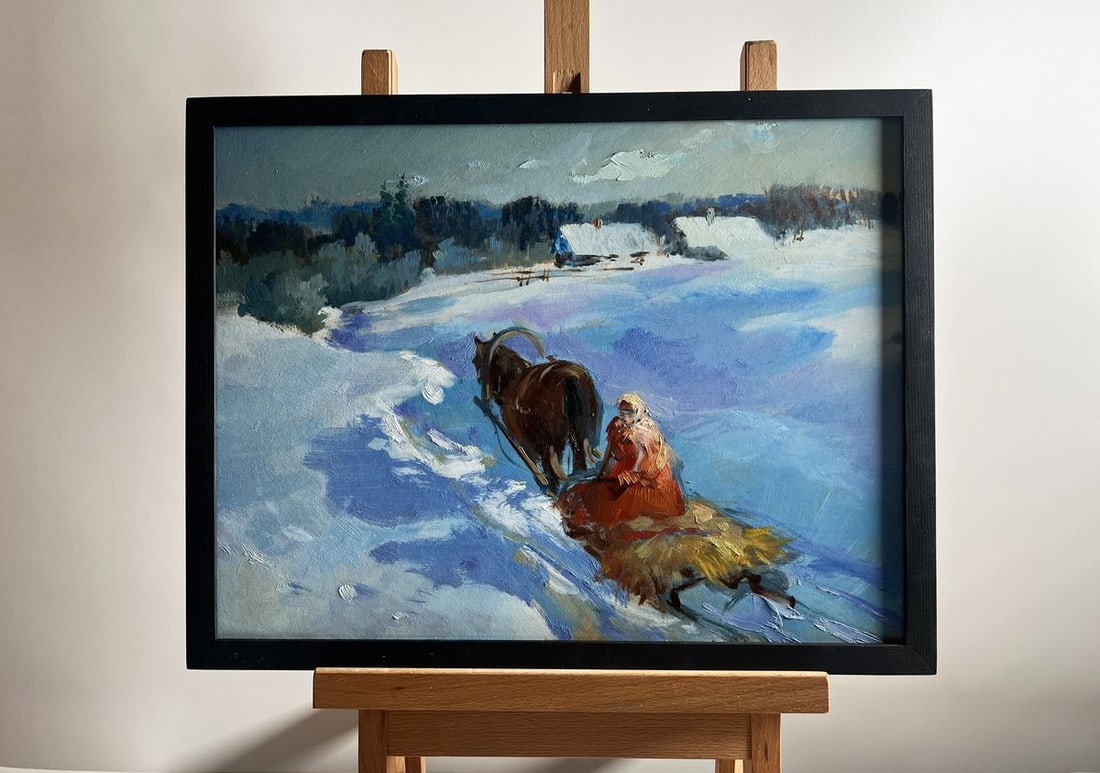 Oil painting Returning home on a winter evening Yuriy Suprunchuk: Title: Oil painting Returning home on a winter evening Yuriy Suprunchuk Description: NoAAA4205This oil painting titled "Returning home on a winter evening" evocative winter scene captures a timeless r