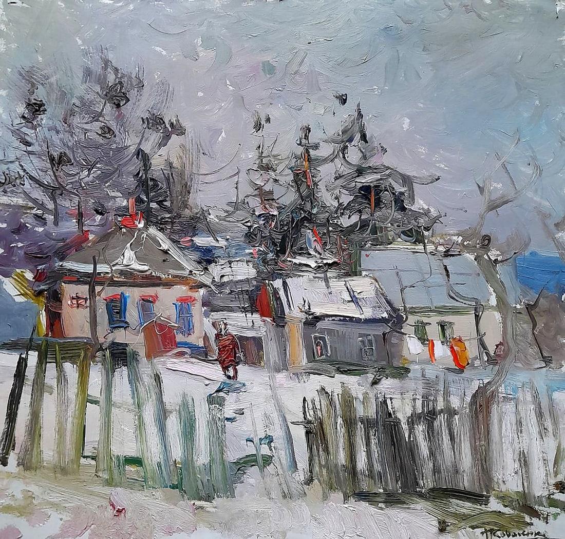 Oil painting Along the snowy streets of the city Ivan Kovalenko: Title: Oil painting Along the snowy streets of the city Ivan Kovalenko Description: NoKoval 228The painting "Along the Snowy Streets of the City" beautifully depicts a quiet winter scene in a small to