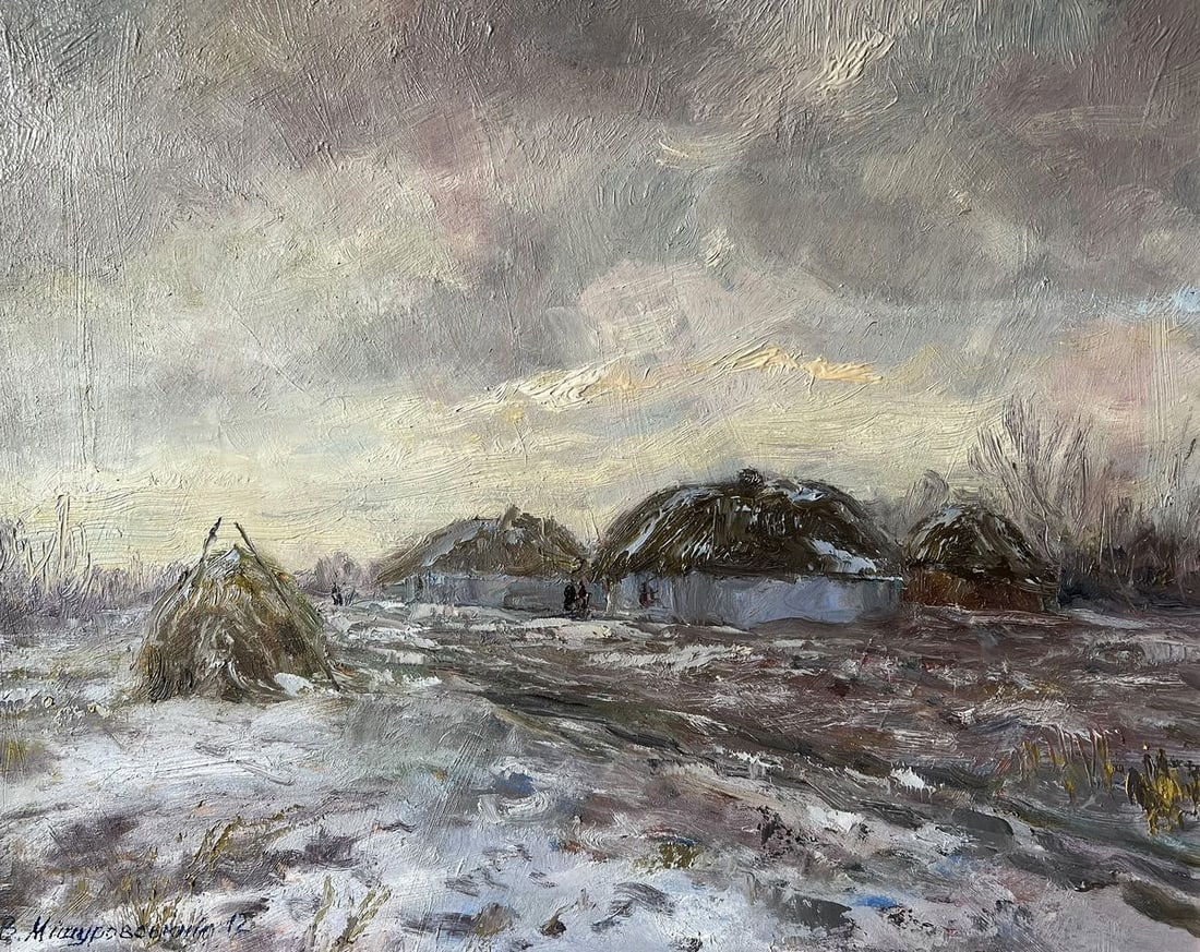 Oil painting December day V. Mishurovsky: Title: Oil painting December day V. Mishurovsky Description: No152"December Day" by Viktor Myshurovsky captures the quiet, subdued beauty of a rural Ukrainian village in winter. The painting portrays 